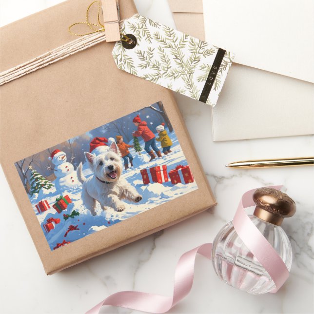 Pegatina Rectangular Westie corriendo en la nieve con sombrero de Navid (Regalar)