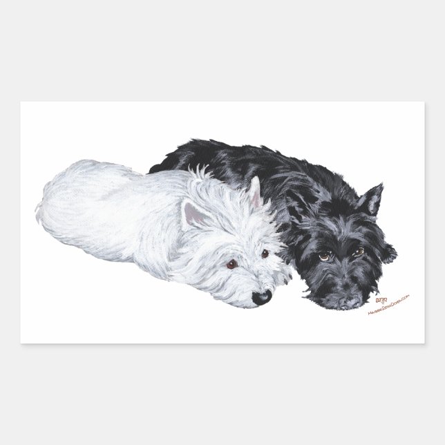 Pegatina Rectangular Westie y Scottie relajados (Anverso)