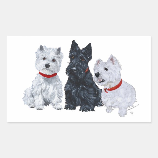 Pegatina Rectangular Westies y un Scottie Juntos (Anverso)