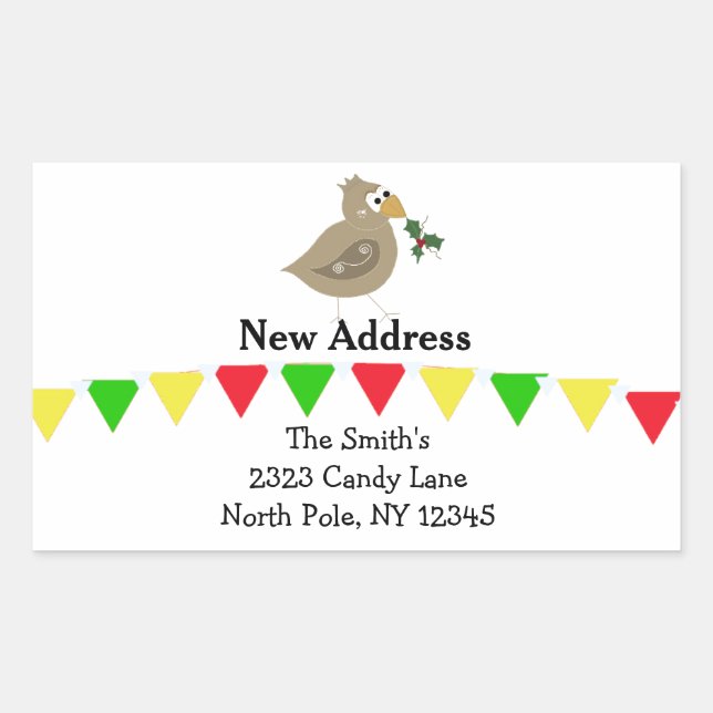 Pegatina Rectangular Whimsical Bird New Address (Anverso)