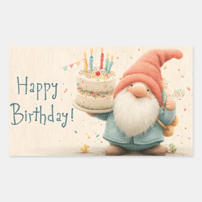 Pegatina Rectangular Whimsical Birthday Greeting: Gnome Holding a Cake (Anverso)