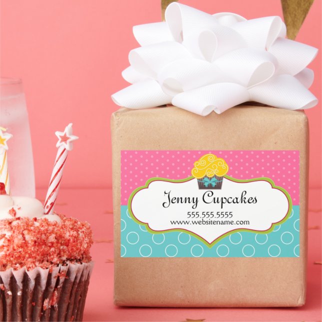 Pegatina Rectangular Whimsical Cupcake Bakery Box Seque (Fiesta)