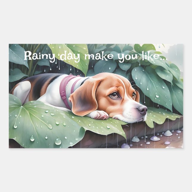 Pegatina Rectangular Whimsical Cute Beagle Rainy Day Green Botanical (Anverso)