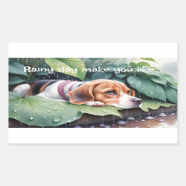 Pegatina Rectangular Whimsical Cute Beagle Rainy Day Green Botanical