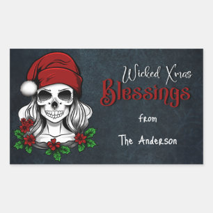 Pegatina Rectangular Whimsical Gothic Santa Skull Navidades