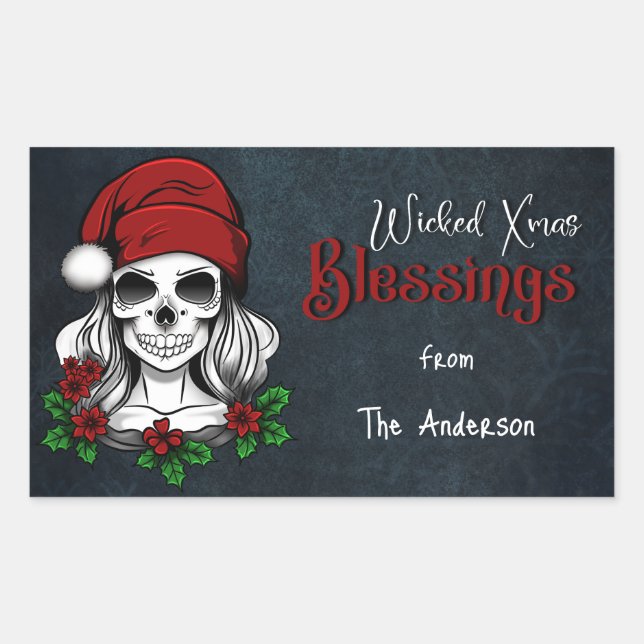Pegatina Rectangular Whimsical Gothic Santa Skull Navidades (Anverso)