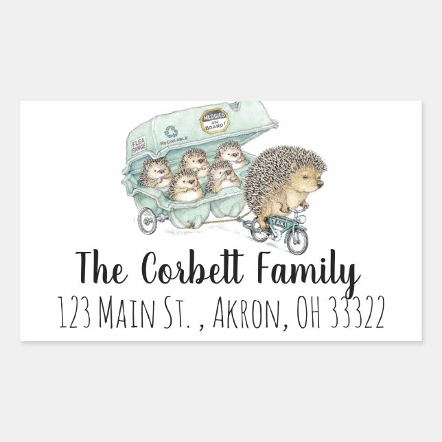 Pegatina Rectangular Whimsical Hedgehog Family Personalizable (Anverso)