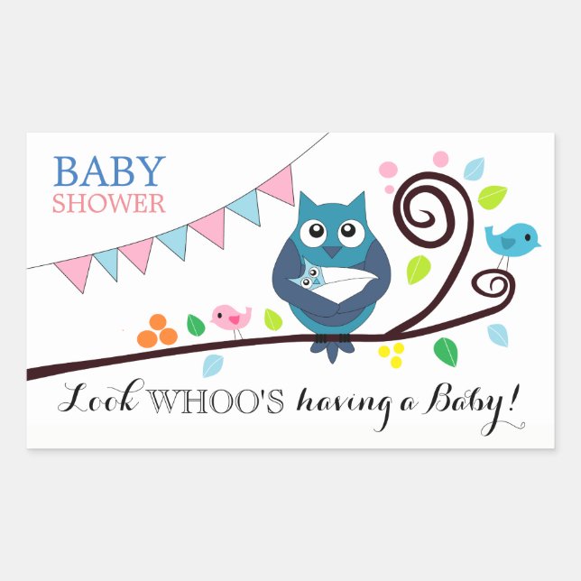 Pegatina Rectangular Whimsical Owl Baby Shower (Anverso)