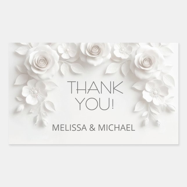 Pegatina Rectangular White 3D Roses Wedding Thank You (Anverso)