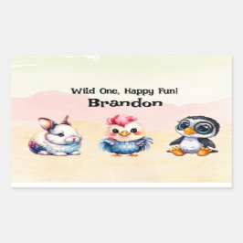 Pegatina Rectangular Wild One Happy Fun Woodland Animals Watercolor