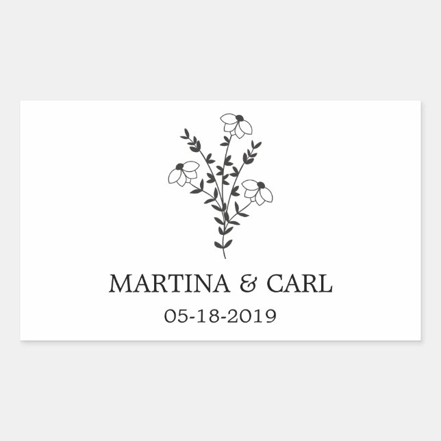 Pegatina Rectangular Wildflowers and Branches Wedding Monogram in Black (Anverso)