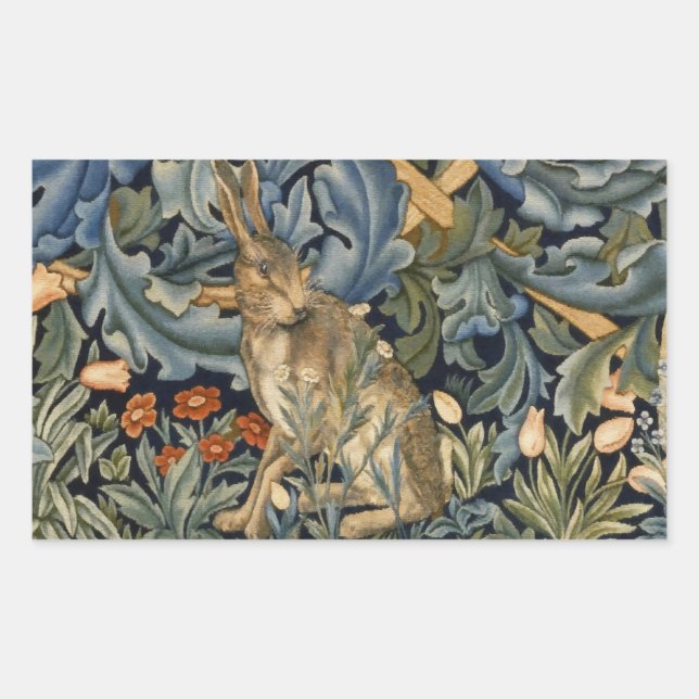 Pegatina Rectangular William Morris Forest Rabbit Floral Art Nouveau (Anverso)