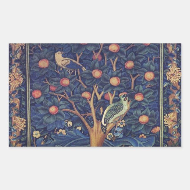 Pegatina Rectangular William Morris Woodpecker Tapestry Arts & Crafts (Anverso)