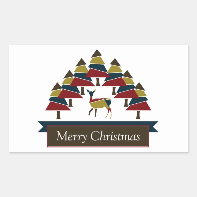 Pegatina Rectangular Winter Deer Forest Feliz Navidad Rectangular Sti (Anverso)