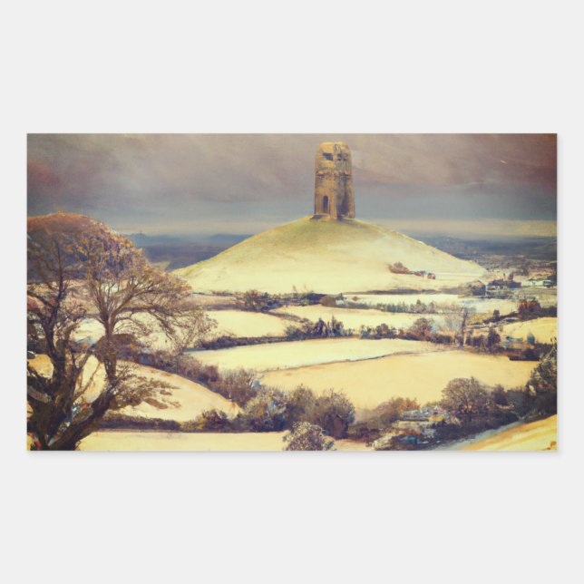 Pegatina Rectangular Winter Glastonbury Tor  (Anverso)