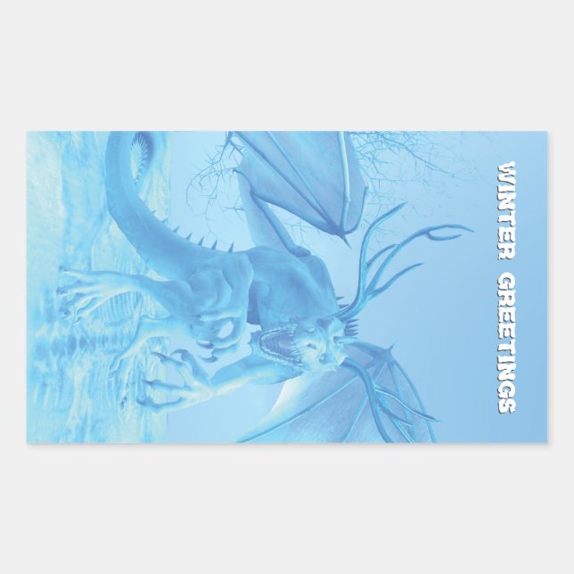 Pegatina Rectangular Winter Greetings. Ice dragon with antlers (Anverso)