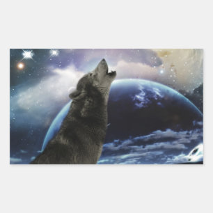 Pegatina Rectangular Wolf gritando en la luna