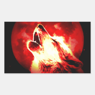 Pegatina Rectangular Wolf, Moon & Red Sky