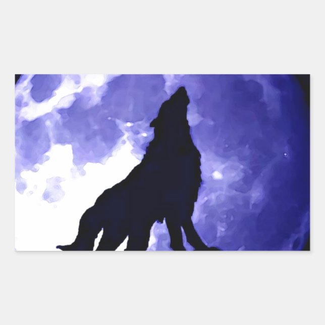 Pegatina Rectangular Wolf Silhouette y Full Moon (Anverso)
