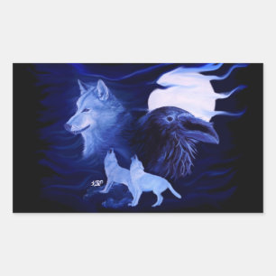 Pegatina Rectangular Wolf y Raven con luna llena