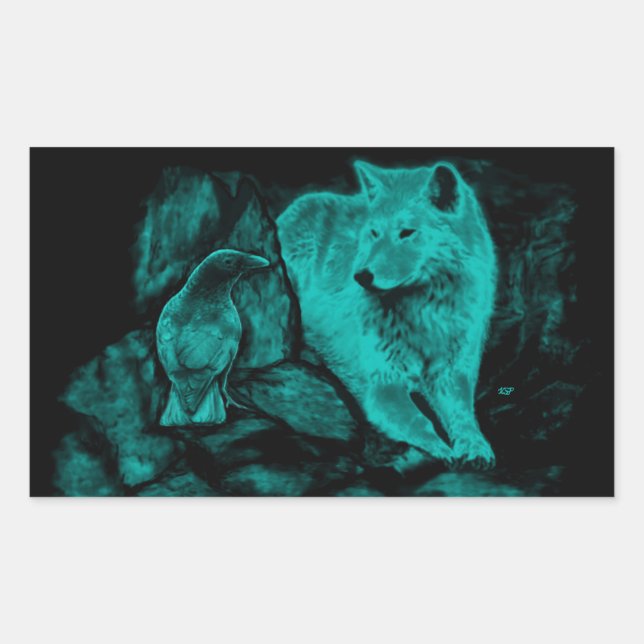 Pegatina Rectangular Wolf y Raven en la noche (Anverso)