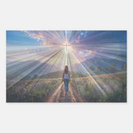 Pegatina Rectangular Woman Walking Toward Glowing Cross – Faith Journey