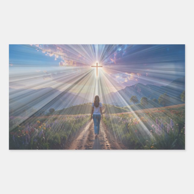 Pegatina Rectangular Woman Walking Toward Glowing Cross – Faith Journey (Anverso)