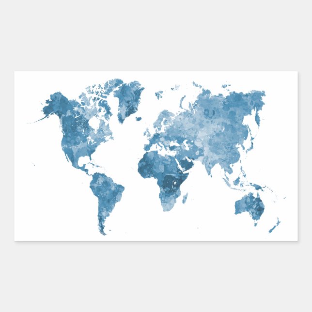 Pegatina Rectangular World map in watercolor 09 Blue (Anverso)