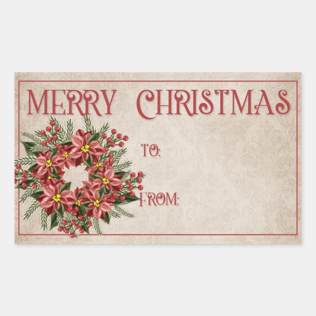 Pegatina Rectangular Wreath de flores de Poinsetta roja | Feliz Navidad (Anverso)