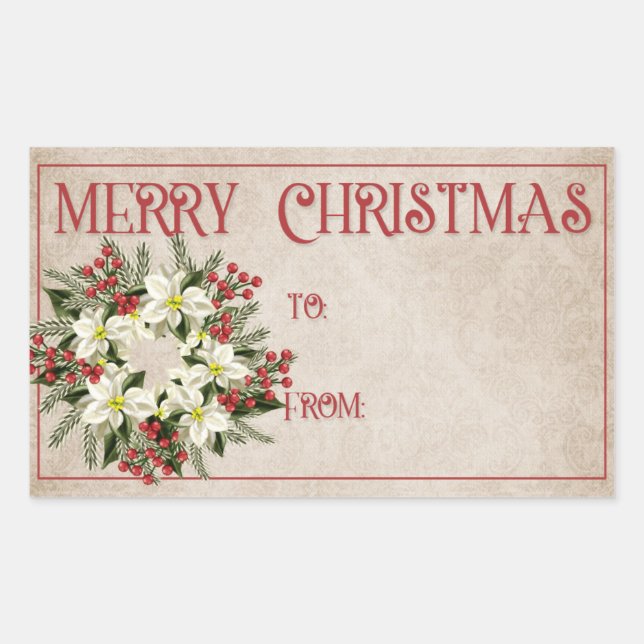 Pegatina Rectangular Wreath de Poinsetta blanca | Feliz Navidad (Anverso)