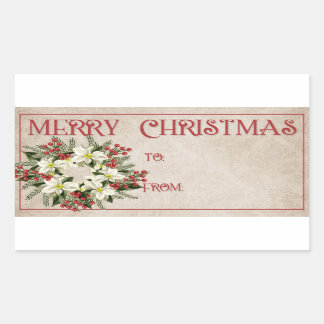 Pegatina Rectangular Wreath de Poinsetta blanca | Feliz Navidad