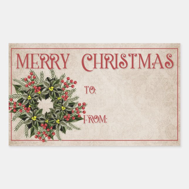 Pegatina Rectangular Wreath de Poinsetta verde oscuro | Feliz Navidad (Anverso)