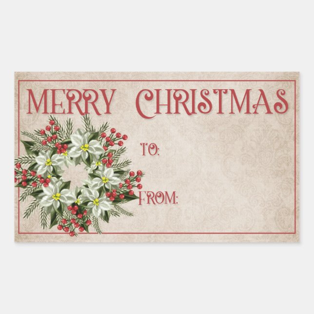 Pegatina Rectangular Wreath de poinsettia verde claro | Feliz Navidad (Anverso)