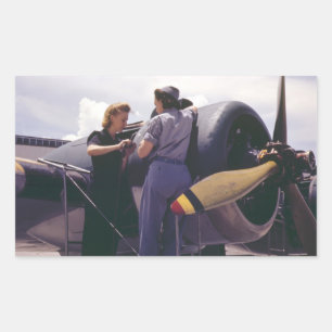 Pegatina Rectangular WW2 Mujeres Mecánica de Aviación