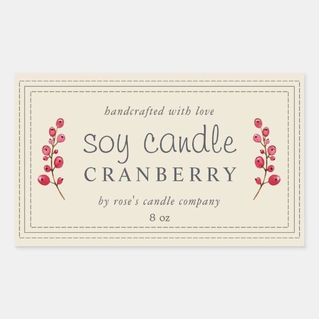Pegatina Rectangular XL Vela de Soja Casera Cranberry Blanco Antiguo (Anverso)