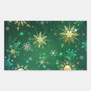 Pegatina Rectangular Xmas copos de nieve dorados sobre fondo verde