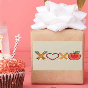 Pegatina Rectangular XOXO Profesor Día de San Valentín Lápiz y Manzana 