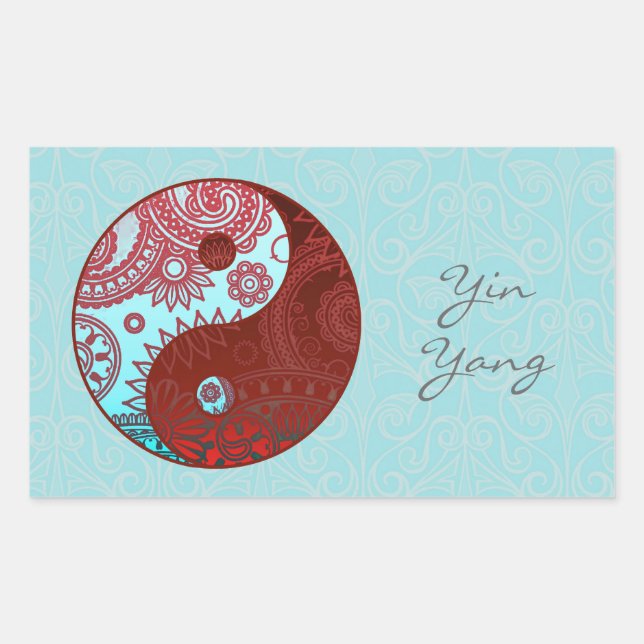 Pegatina Rectangular Yin Yang con patrones rojo y azul (Anverso)