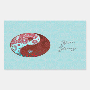 Pegatina Rectangular Yin Yang con patrones rojo y azul