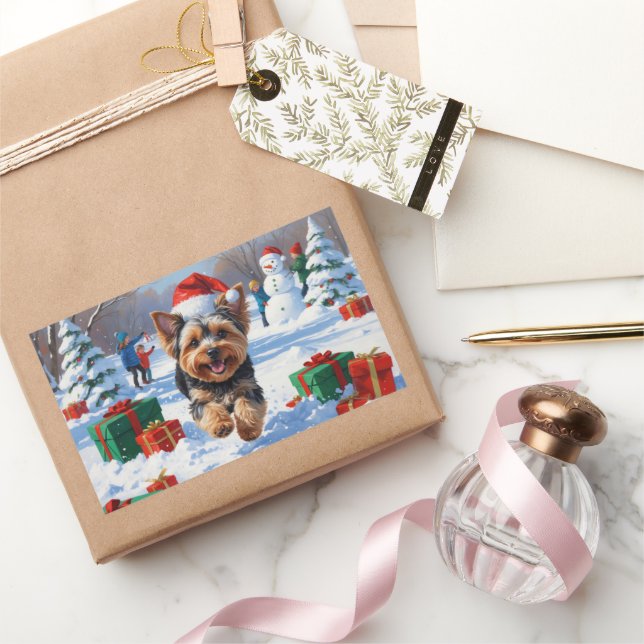 Pegatina Rectangular Yorkipoo en Nieve con Gorra Navidad (Regalar)