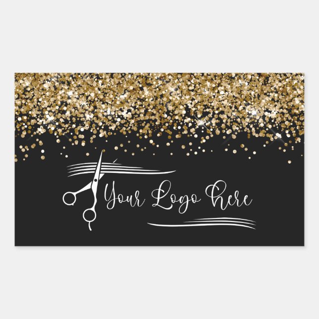 Pegatina Rectangular Your Logo Black and Gold Glitter Glam (Anverso)