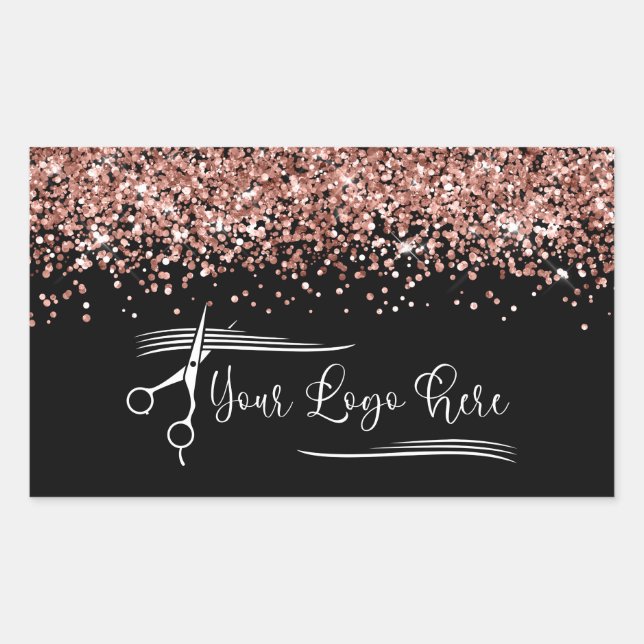 Pegatina Rectangular Your Logo Black and Rose Gold Glitter Glam (Anverso)