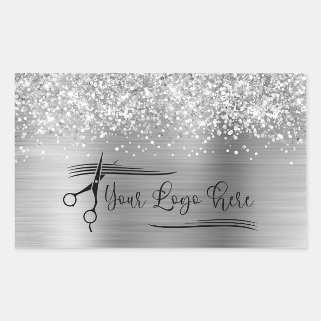 Pegatina Rectangular Your Logo Glittery Silver Glam (Anverso)