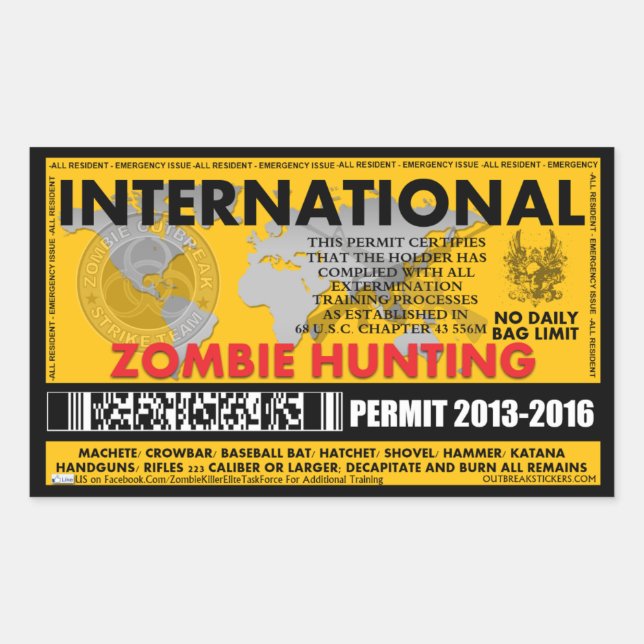 Pegatina Rectangular Zombie Hung Permit International (Anverso)