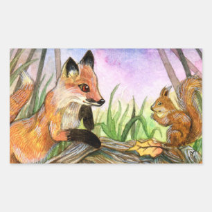 Pegatina Rectangular Zorro De Bebé Y Ardilla