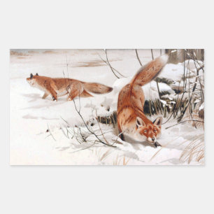 Pegatina Rectangular Zorros Rojos en la Nieve del Invierno (por Wilhelm