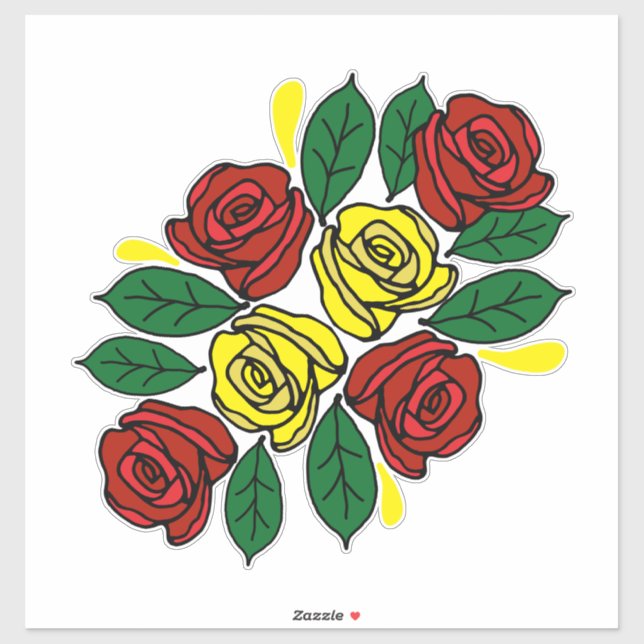 Pegatina Red and Yellow Roses Folk Art Narrowboat (Hoja)