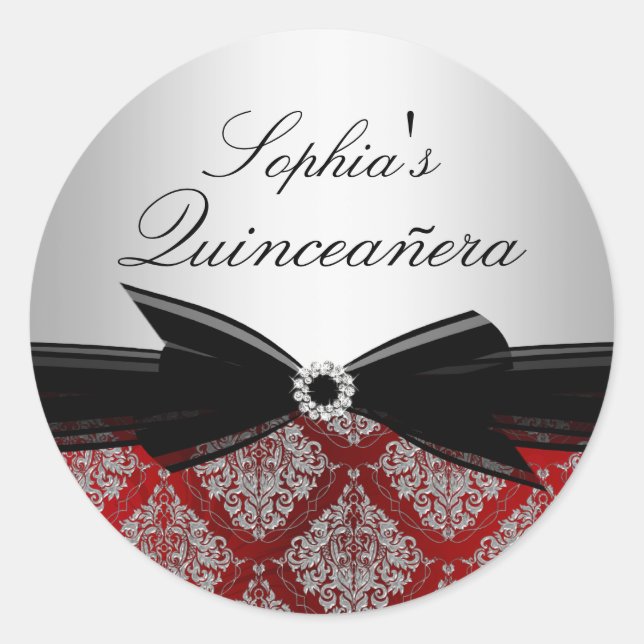 Pegatina Red Damask & Bow Quinceanera (Anverso)