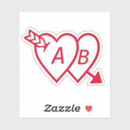Pegatina Red Double Hearts with Cupids Arrow and Initials