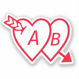 Pegatina Red Double Hearts with Cupids Arrow and Initials